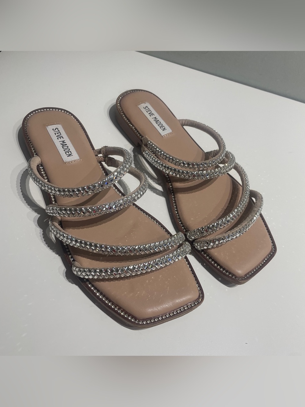 Steve Madden Starie Sandal square toe 
 Nude Slide Sandals with Crystal-Strap8.5